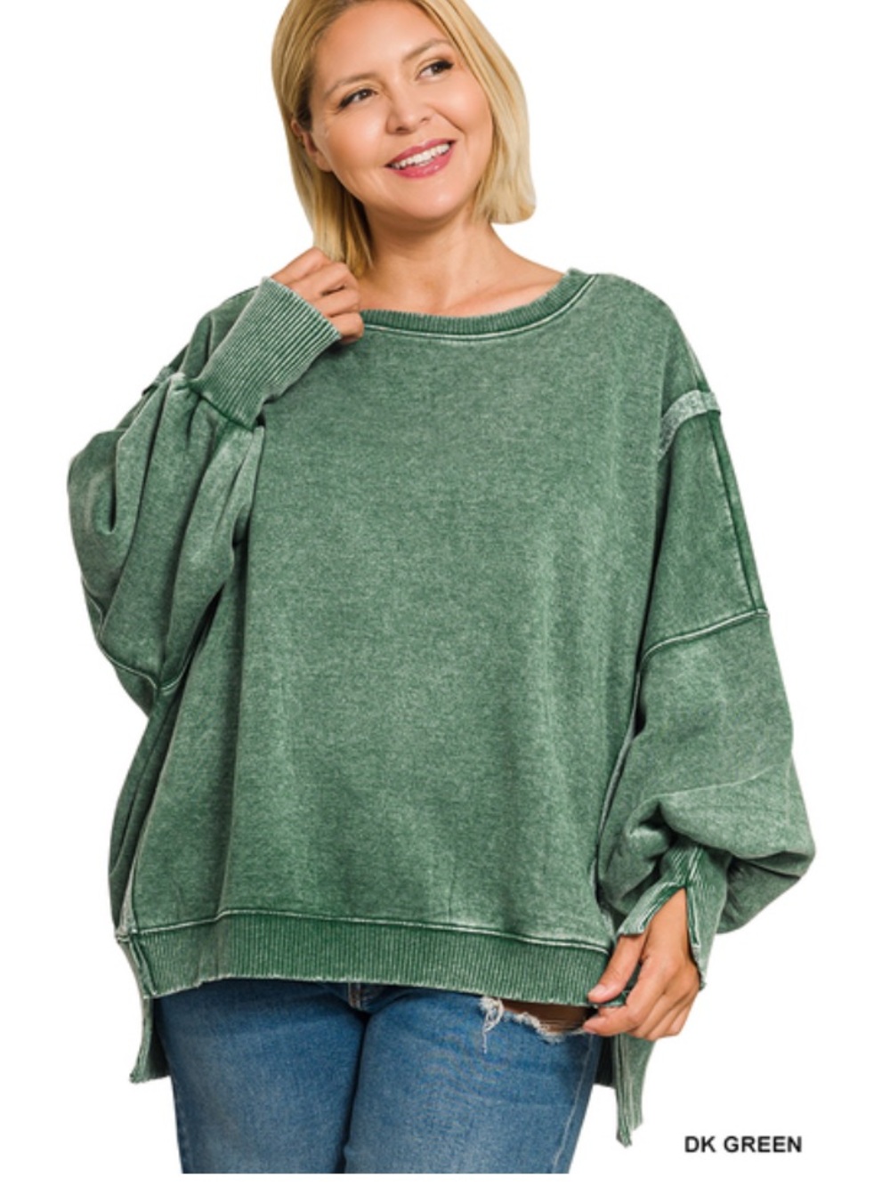 363 1X -3X  Zenana PLUS dark green aci WASHED
BATWING SLEEVE
FLEECE SWEATSHIRT